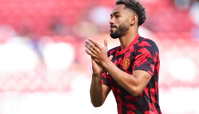 MANCHESTER, ENGLAND - AUGUST 17: Matheus Cunha of Manchester United warms up ahead of the Premier...