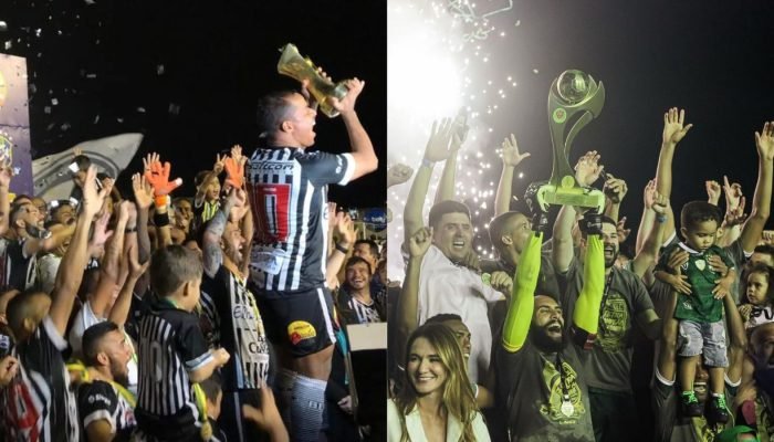 Elencos de Botafogo-PB e Sousa em 2019 e 2025, respectivamente. (Fotos: Raniery Soares / João Neto)