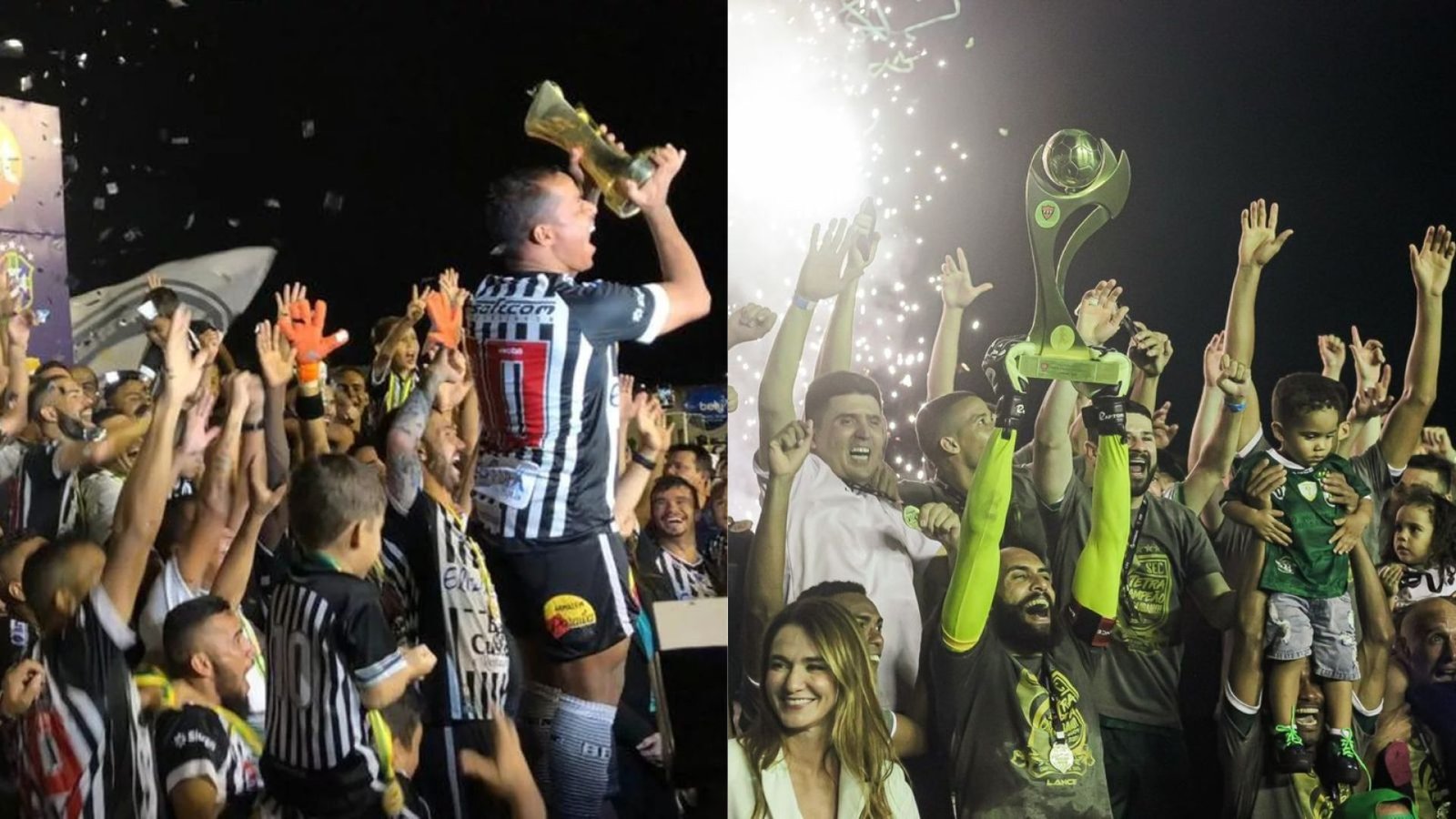 Elencos de Botafogo-PB e Sousa em 2019 e 2025, respectivamente. (Fotos: Raniery Soares / João Neto)