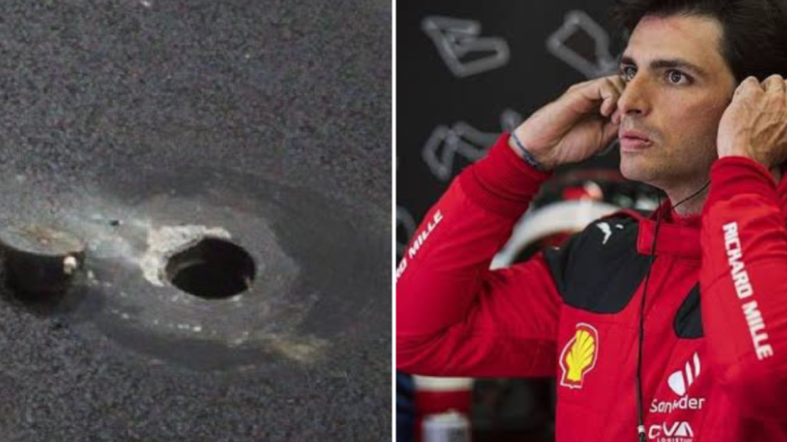 À esquerda, a tampa de bueiro que danificou o carro. À esquerda, o piloto da Ferrari Carlos Sai...