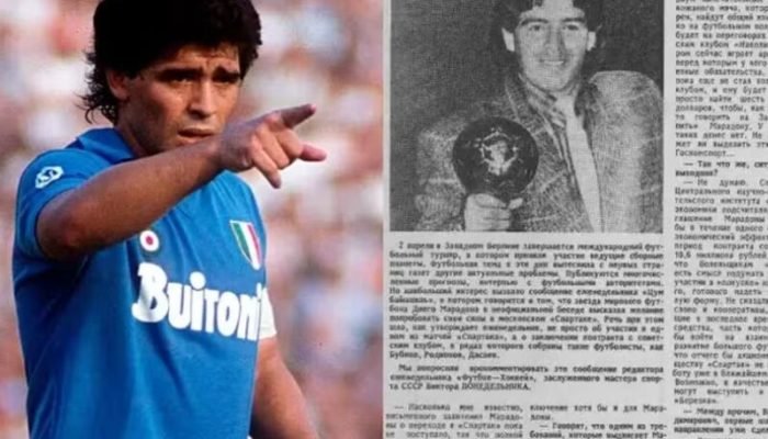 Maradona e a notícia de sua contratação pelo Spartak no jornal Izvestia  - Foto: Reprodução